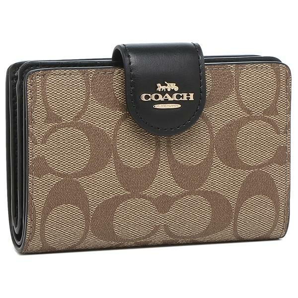 コーチ アウトレット 二つ折り財布 シグネチャー ベージュ ブラック レディース COACH C0082 IMCBI