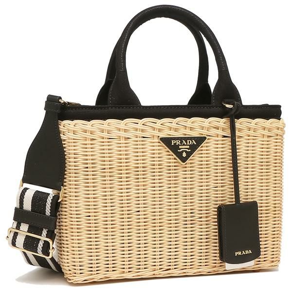 プラダ ショルダーバッグ ハンドバッグ ウィッカー キャンバス トライアングルロゴ ベージュ ブラック PRADA 1BG835 2E28 3OY F0I55