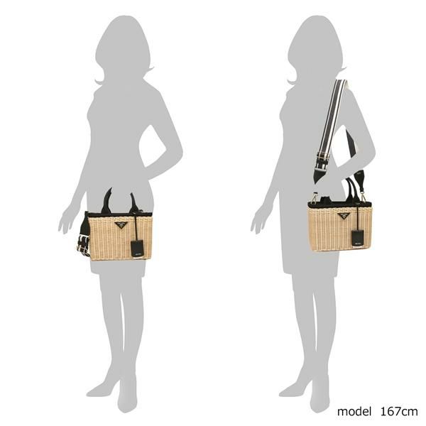 プラダ ショルダーバッグ ハンドバッグ ウィッカー キャンバス トライアングルロゴ ベージュ ブラック PRADA 1BG835 2E28 3OY F0I55 詳細画像