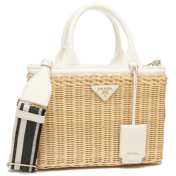 プラダ ショルダーバッグ ウィッカー キャンバス トライアングルロゴ ベージュ ホワイト レディース PRADA 1BG835 2E28 3OY F0N86