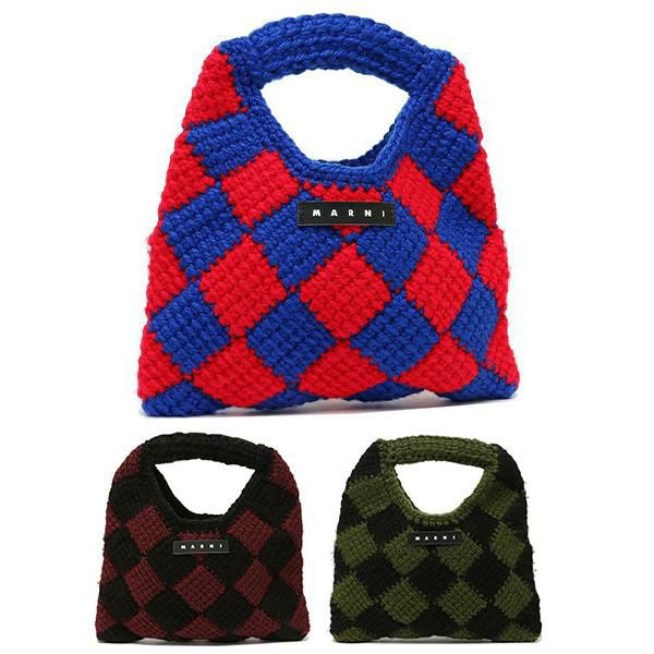 【返品OK】マルニ ハンドバッグ キッズ かぎ針編みバッグ ミニバッグ ロゴ ブラック ワインレッド キッズ MARNI M00995 M00RP 0MC07 BLACK WINE (2)KHAKI…