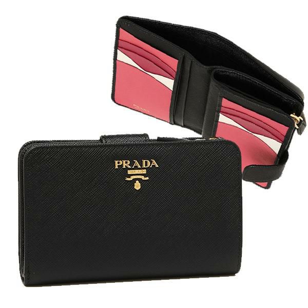 プラダ 二つ折り財布 サフィアーノマルチカラー ブラック ピンク レディース PRADA 1ML225 ZLP F061H