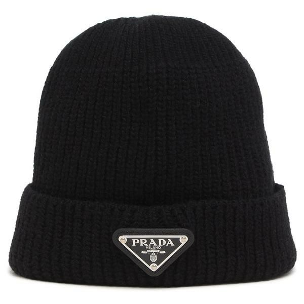 PRADAニット帽ビーニーブラック プラダ ニット帽 ビーニー トライアングルロゴ ブラック メンズ