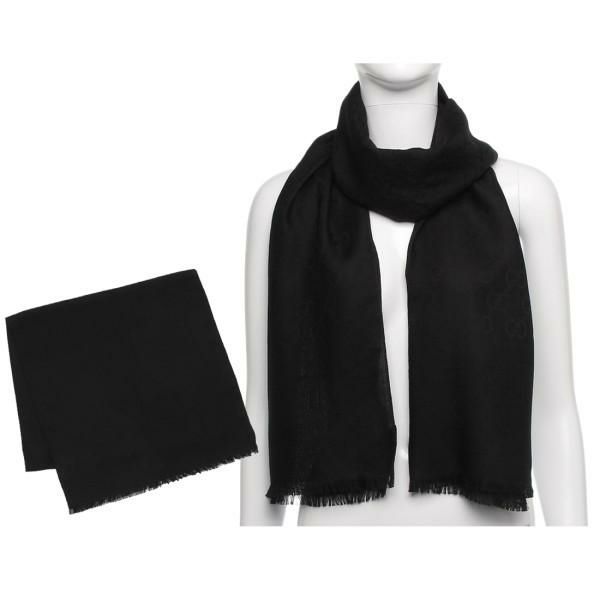 激レア 美品 グッチ スカーフ ストール シルク ギャザー ブラック GUCCI グッチ ストール スカーフ ジャガード GGロゴ シルク混ウール 大判