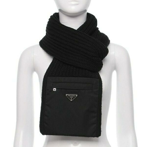 プラダ マフラー ロゴプレート カシミヤ ポケット付き ブラック メンズ