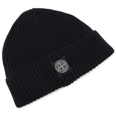 ストーンアイランド ニット帽 ビーニー リブ編み ロゴパッチ ネイビー