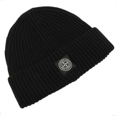 ストーンアイランド ニット帽 ビーニー リブ編み ロゴパッチ ブラック
