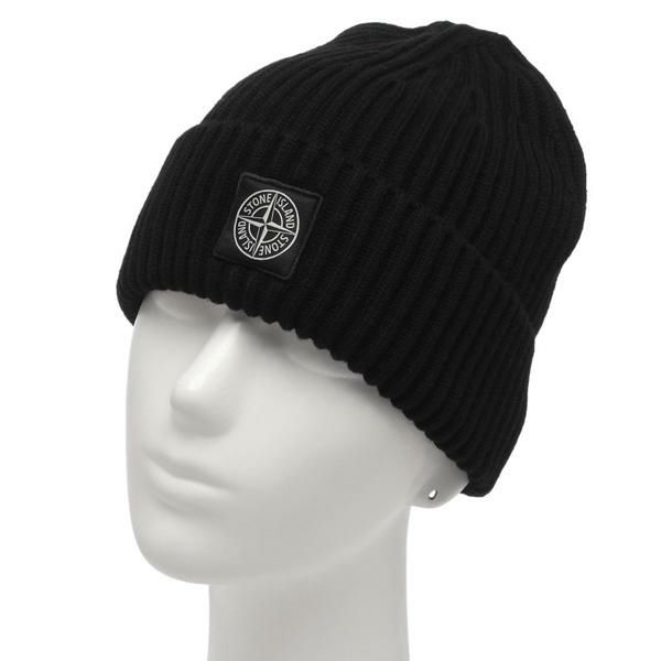 ストーンアイランド ニット帽 ビーニー リブ編み ロゴパッチ ブラック