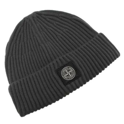ストーンアイランド ニット帽 ビーニー リブ編み ロゴパッチ グレー