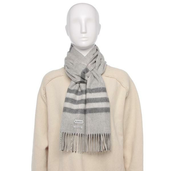 バーバリー　カシミア　マフラー バーバリー マフラー カシミア フリンジ チェック グレー メンズ
